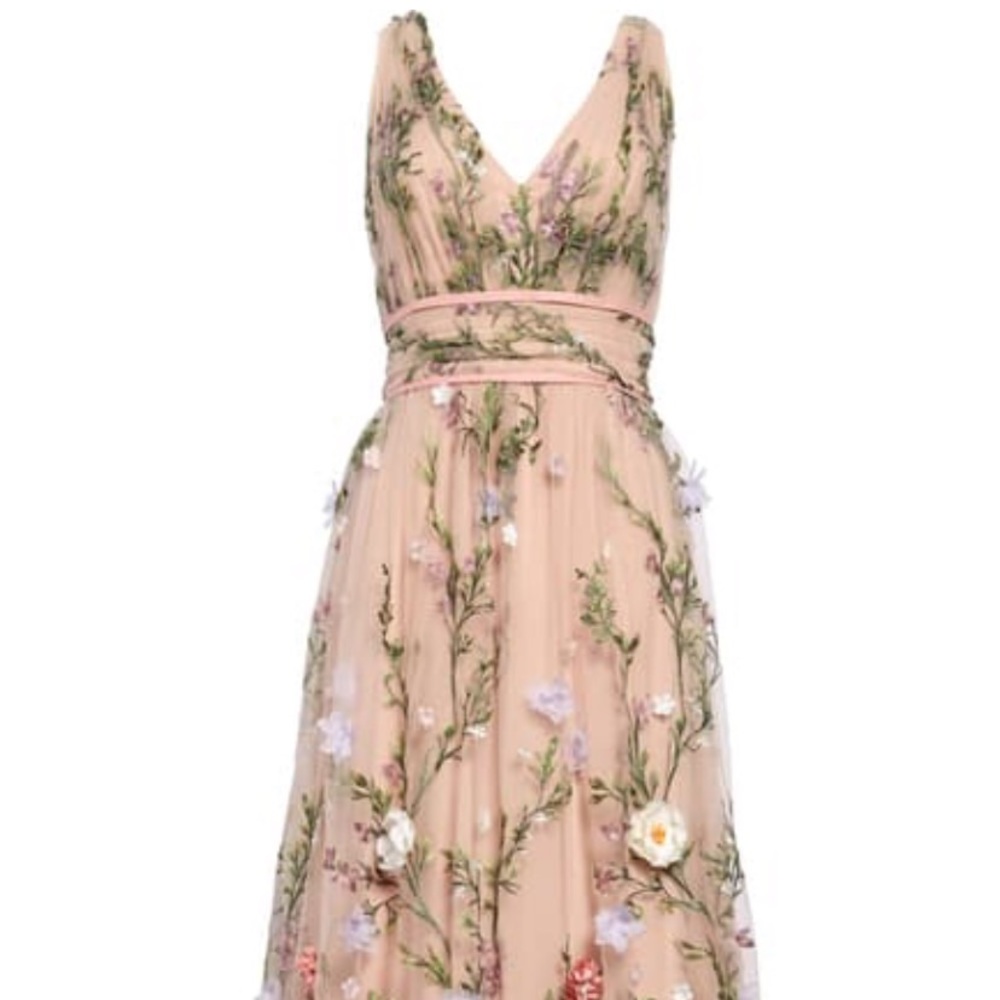 MARCHESA NOTTE Floral Appliqué Midi Gown